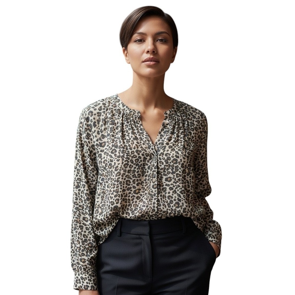 LOFT Leopard Print Button Front Blouse Tan Brown Office Baddie Boss Petite SP